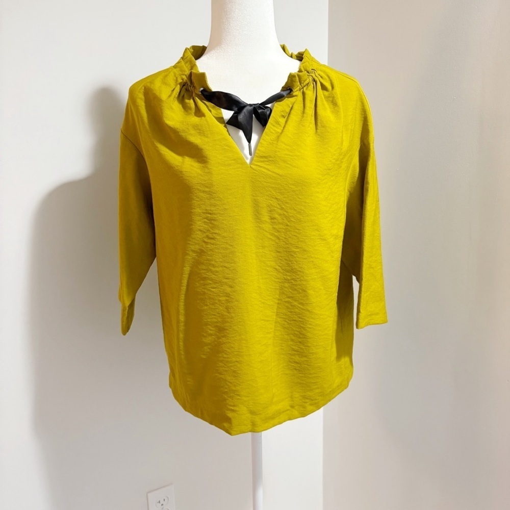 Cop. Copine Bino Blouse Olive Mustard Yellow Size Large XL Gathered Neckline
